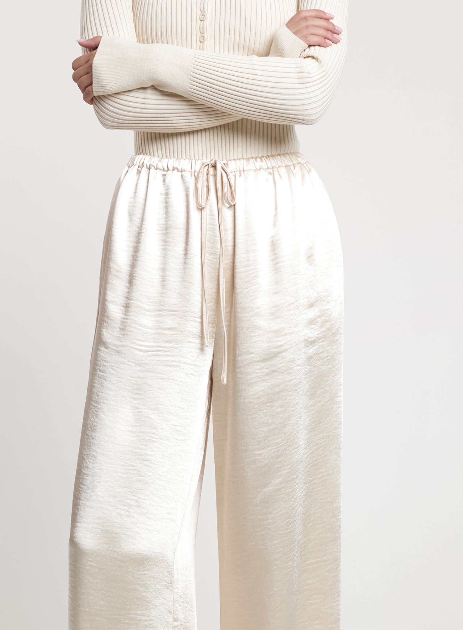 Cream Satin Elasticated Waist Wide Leg Trouser
